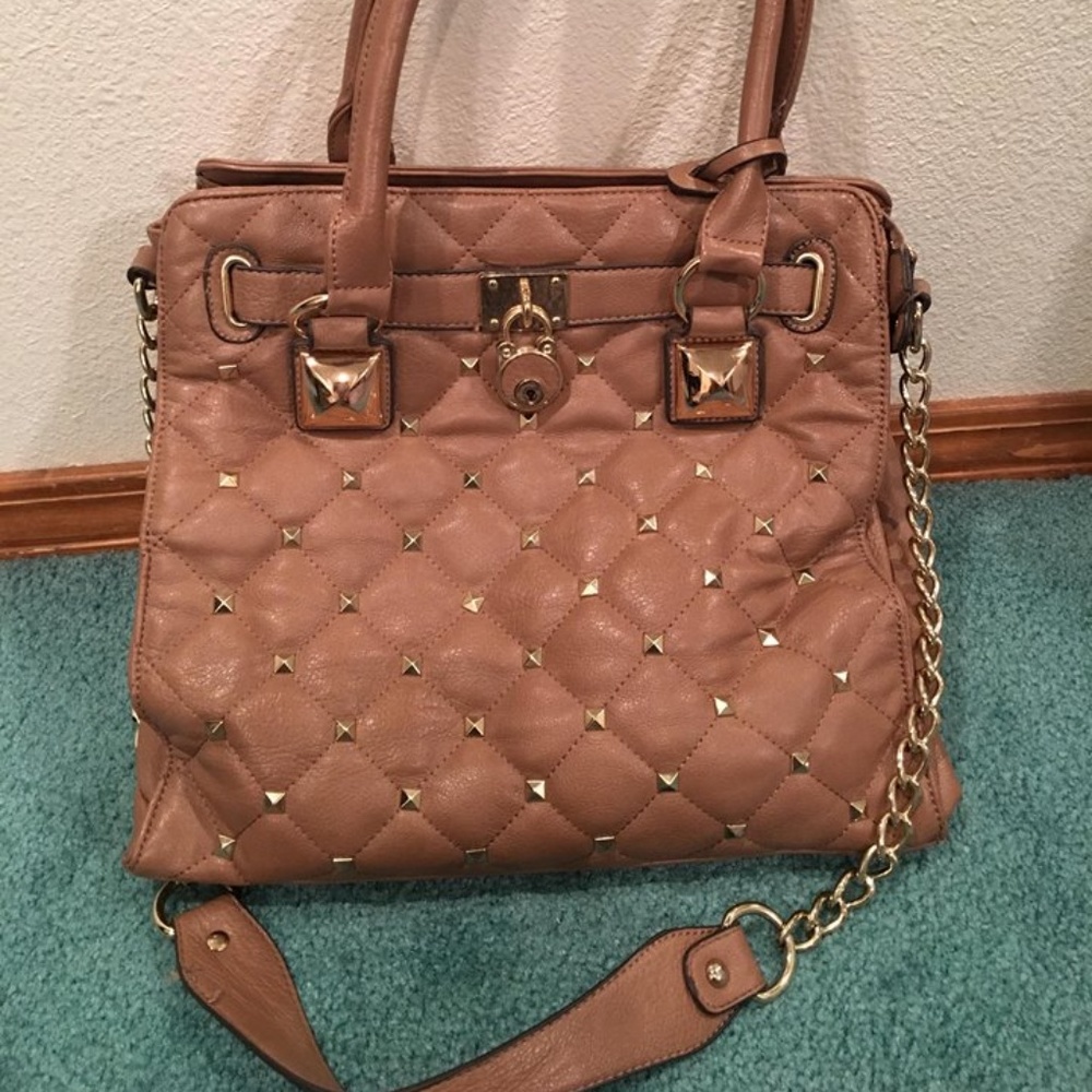 studded handbag shoulder bag padlock taupe quilted